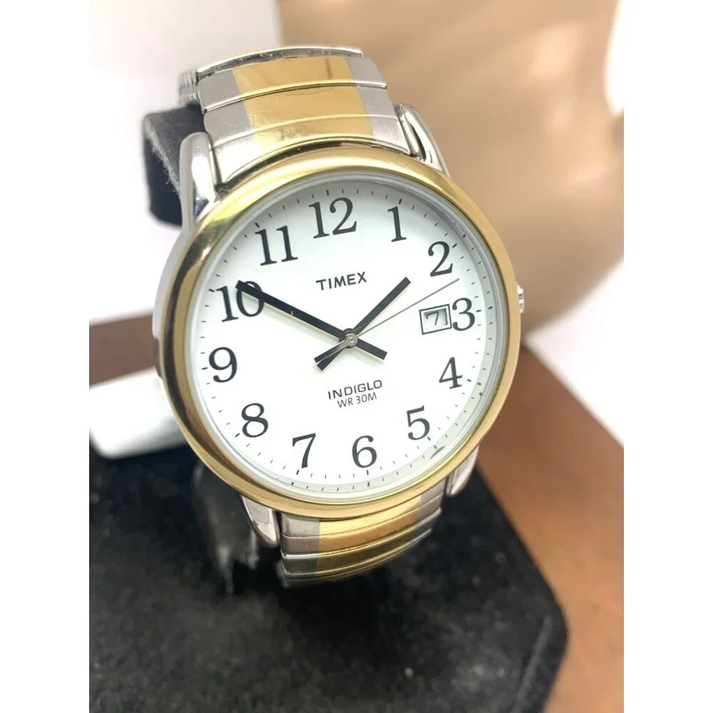 Timex Men's Watch T2H311 Indiglo White Dial Quartz Two Tone Expansion Band 35mm